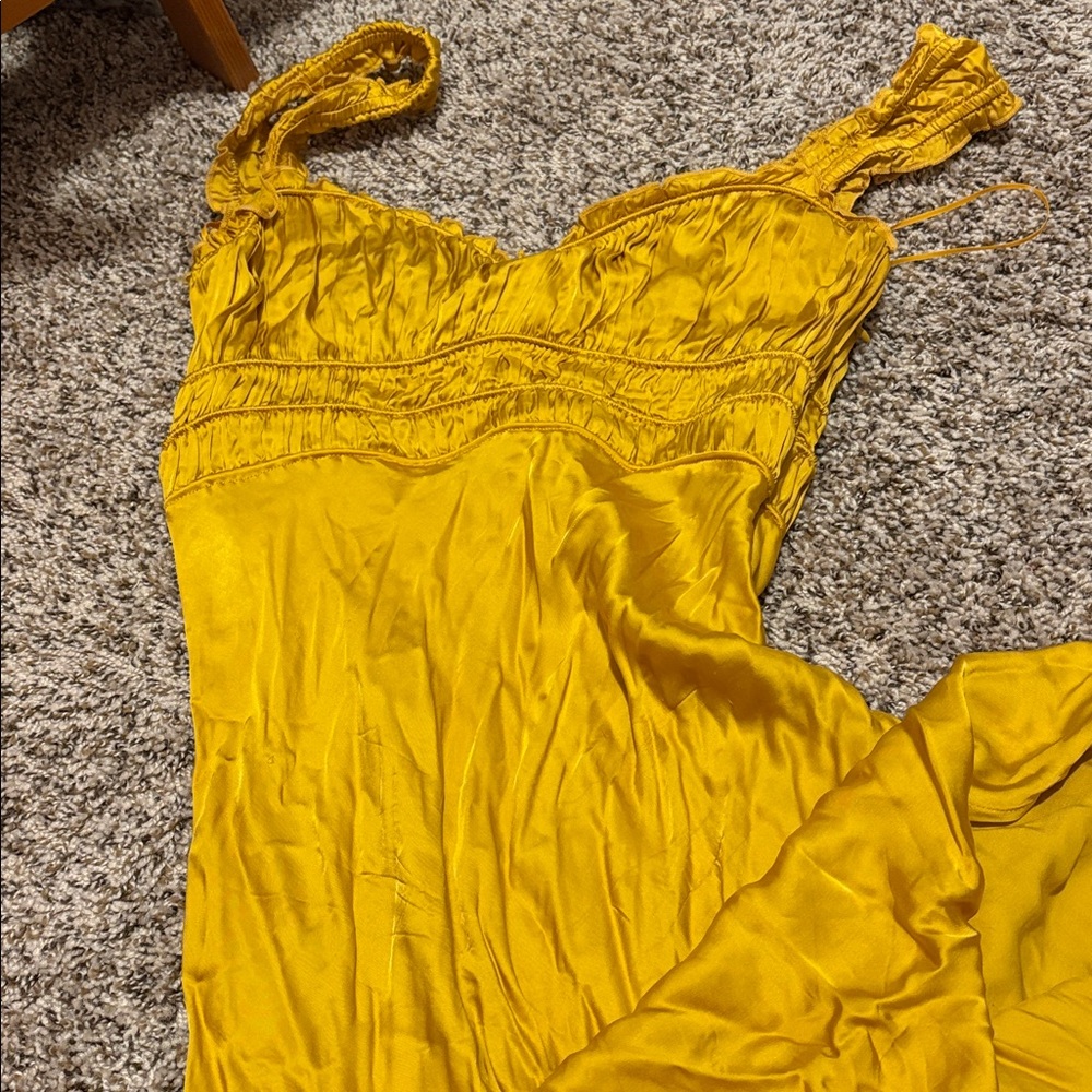 Astr Yellow Satin Dress with Ruched Detail